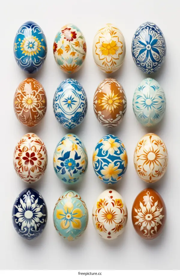 A variety of Easter eggs with intricate and colorful designs