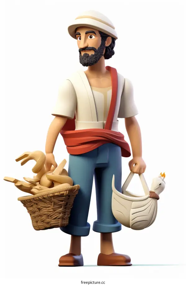 Cartoon man with a basket of bread and a duck