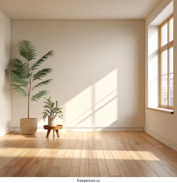 An empty room with a potted plant