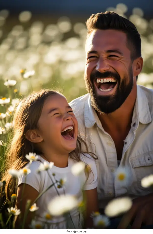 Father and daughter laughing in a field of daisies