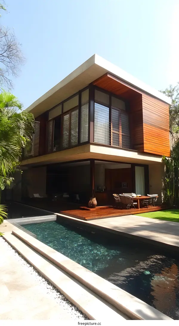 Modern House with Swimming Pool and Wooden Deck