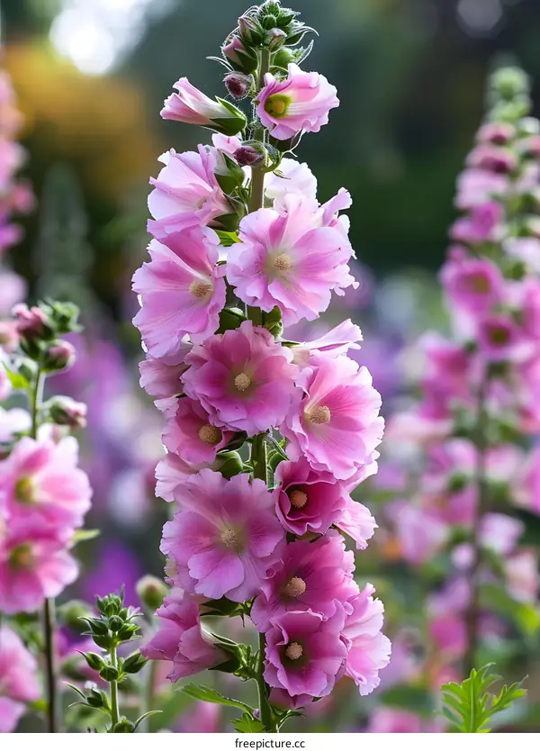 Pink Hollyhock Flowers Blooming in the Garden