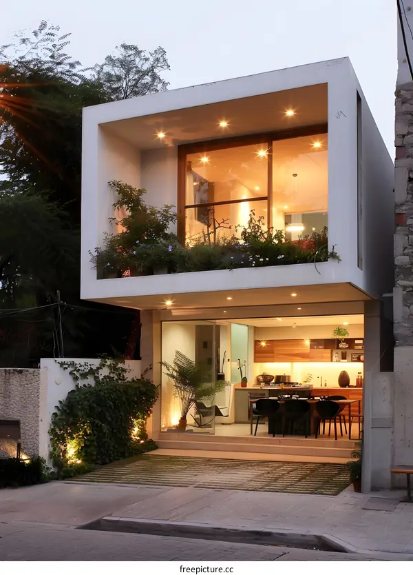 Modern Minimalist House with Glass Doors and Balcony
