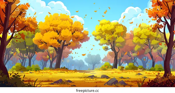 Autumn Forest Landscape with Colorful Trees and Falling Leaves