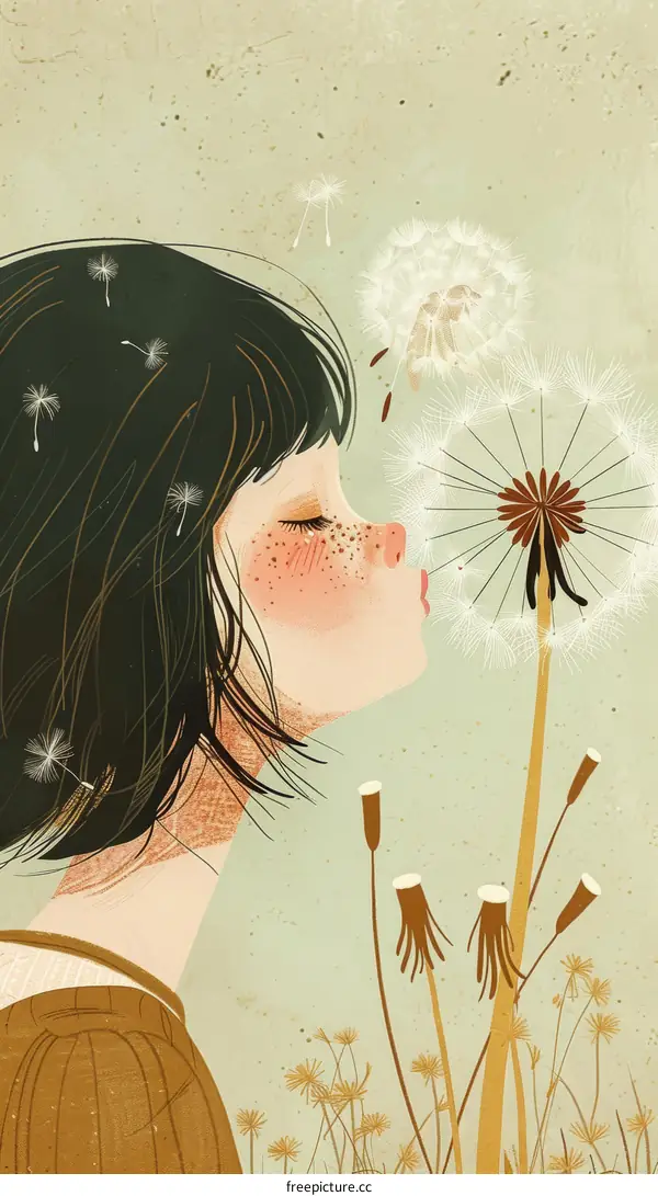 Girl Blowing Dandelion Seeds Illustration