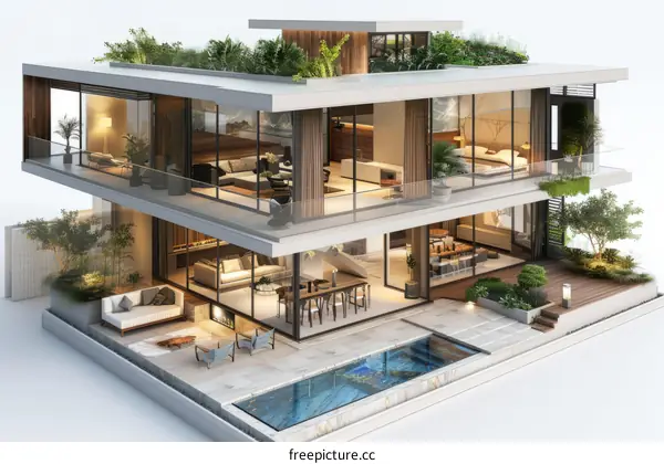 Modern luxury house with pool and garden