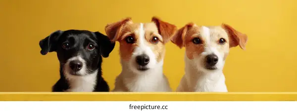 Three Jack Russell Terriers on Yellow Background