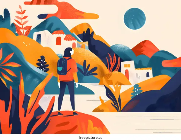 Woman with Backpack Looking at Hills and Houses