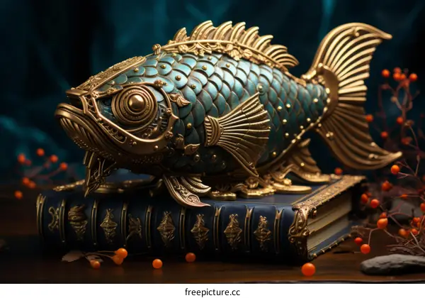 ornate steampunk fish sculpture with clockwork gears and rivets