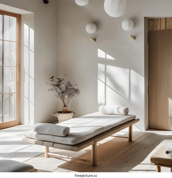 Minimalist Interior Design with Wooden Daybed and Natural Light