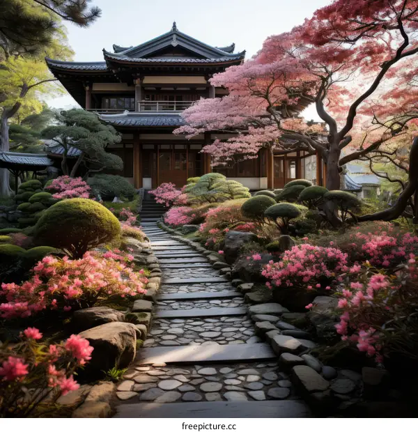 Japanese garden with a traditional house and a stone path