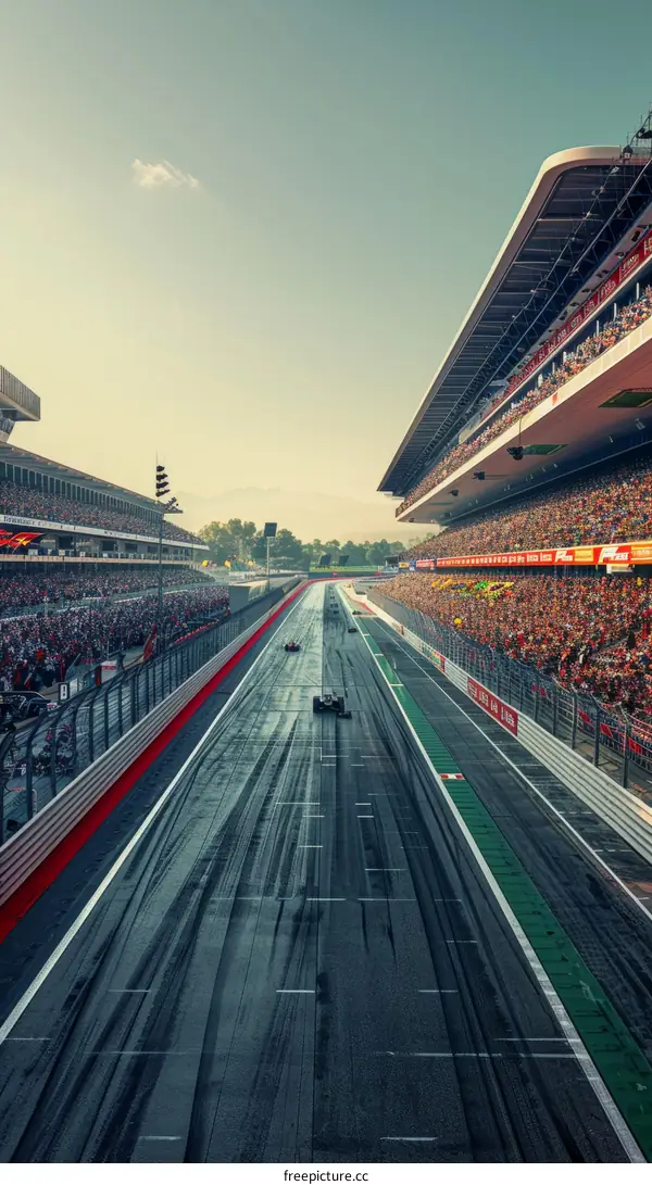Formula One Single-seater Race Cars Racing Down a Track with Spectators in the Stands