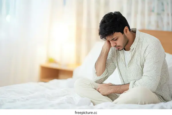 Depressed Man Sitting on a Bed