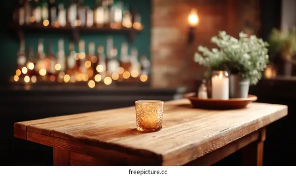 Rustic Wooden Bar Table with Amber Glass