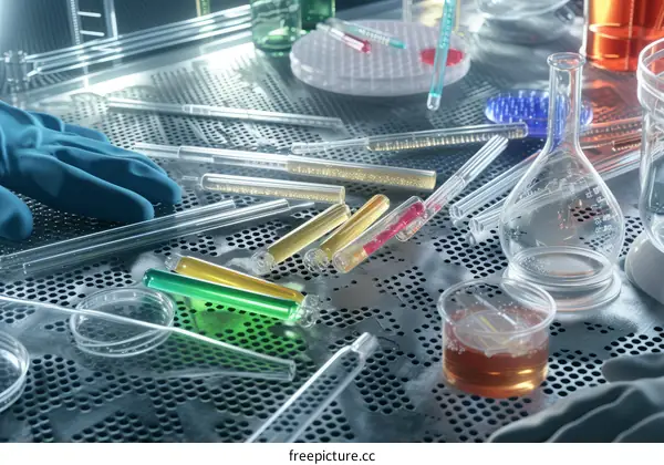 A scientist wearing blue gloves conducts an experiment in a laboratory