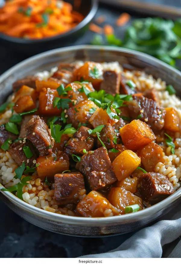 Close Up of a Bowl of Teriyaki Beef with Pineapple and Rice