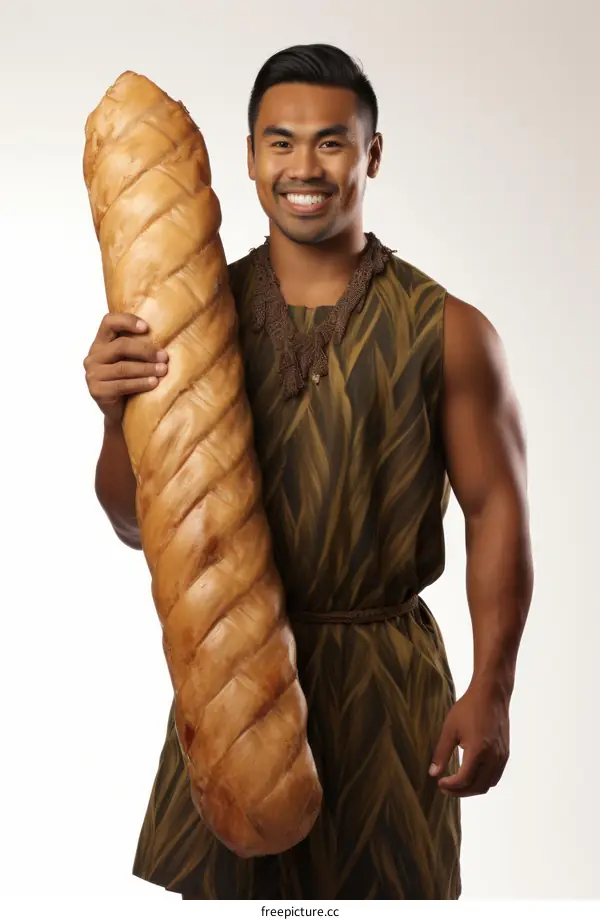 Polynesian man holding a giant baguette
