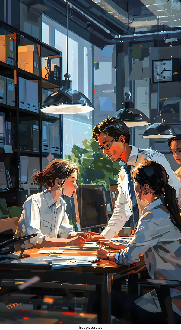 Colleagues discussing a project in an office