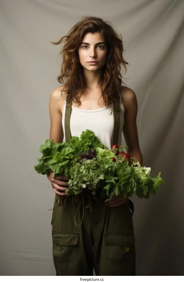 Portrait of a young woman holding a bunch of fresh vegetables