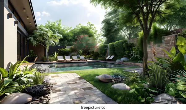 A lush garden with a swimming pool