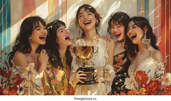 Five Asian women celebrating with a trophy
