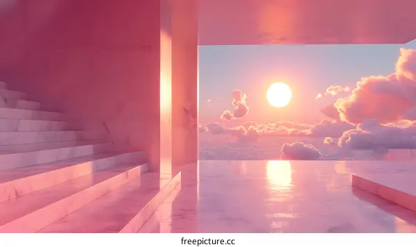 Pink surreal landscape with stairs and clouds