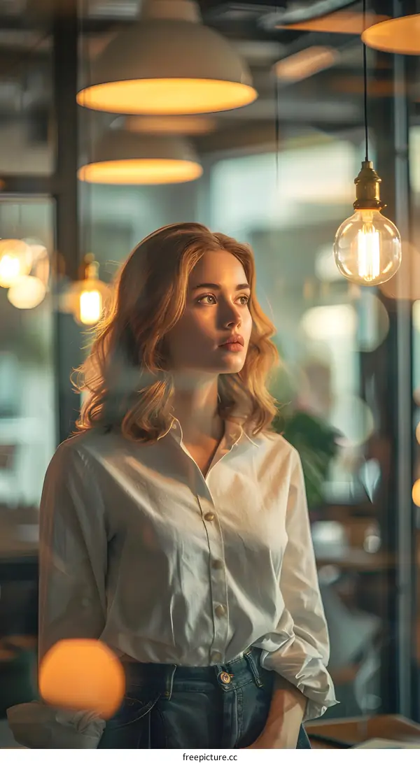 portrait of a beautiful blonde woman in a white shirt and blue jeans standing in a restaurant looking at the lights