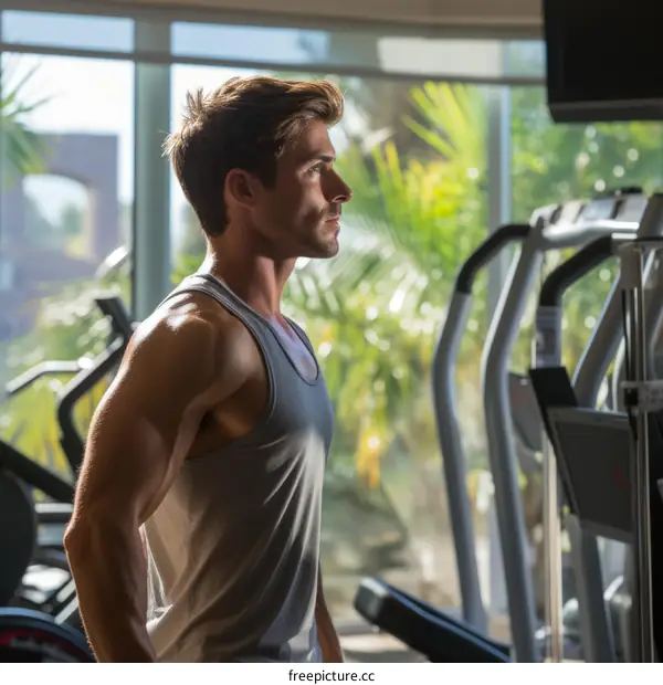muscular man in gray tank top standing sideways in the gym looking out the window