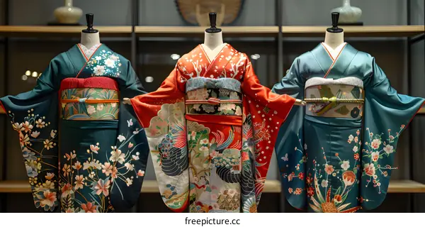 Three traditional Japanese kimono displayed on mannequins in a store