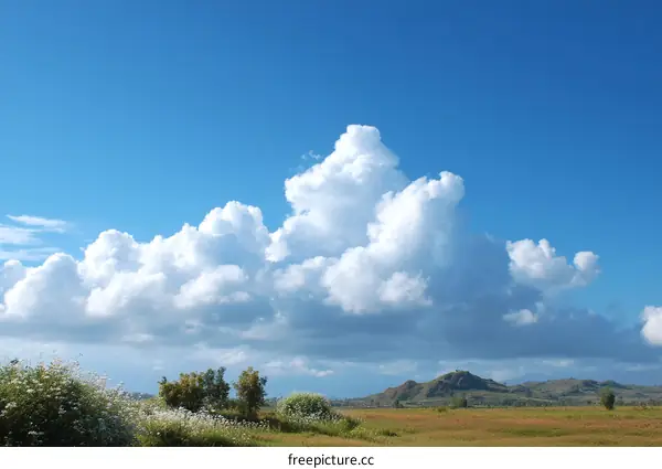 Vast Sky with Fluffy Clouds over a Field