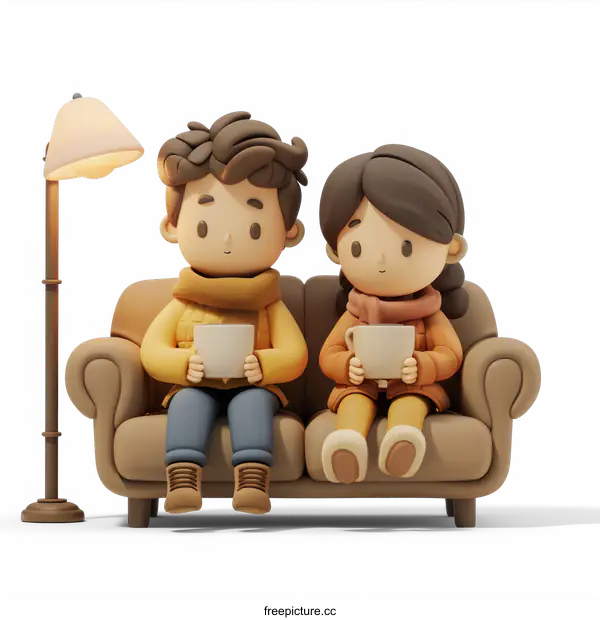 A 3D rendering of a man and a woman sitting on a couch and drinking coffee.