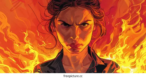 A portrait of a young woman with long brown hair and brown eyes. She is wearing a black suit and a red scarf. She is standing in front of a fiery background.