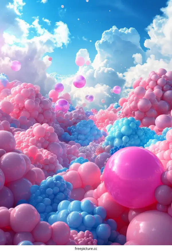 Pink and blue pastel hot air balloons floating in a surreal sky