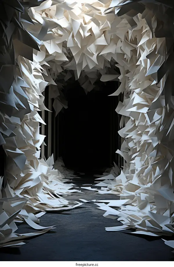 A dark tunnel made of sharp paper shards