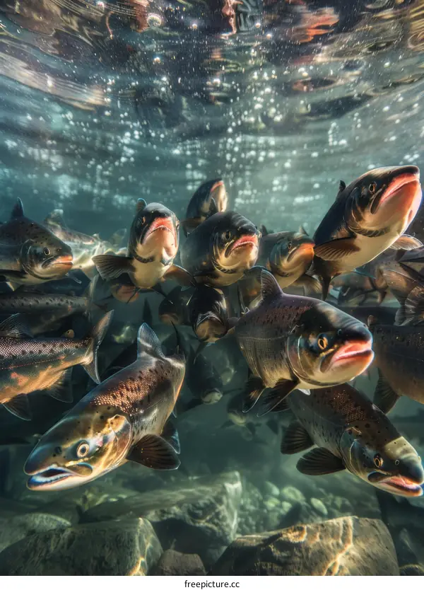 A school of salmon fish swimming upstream in a river
