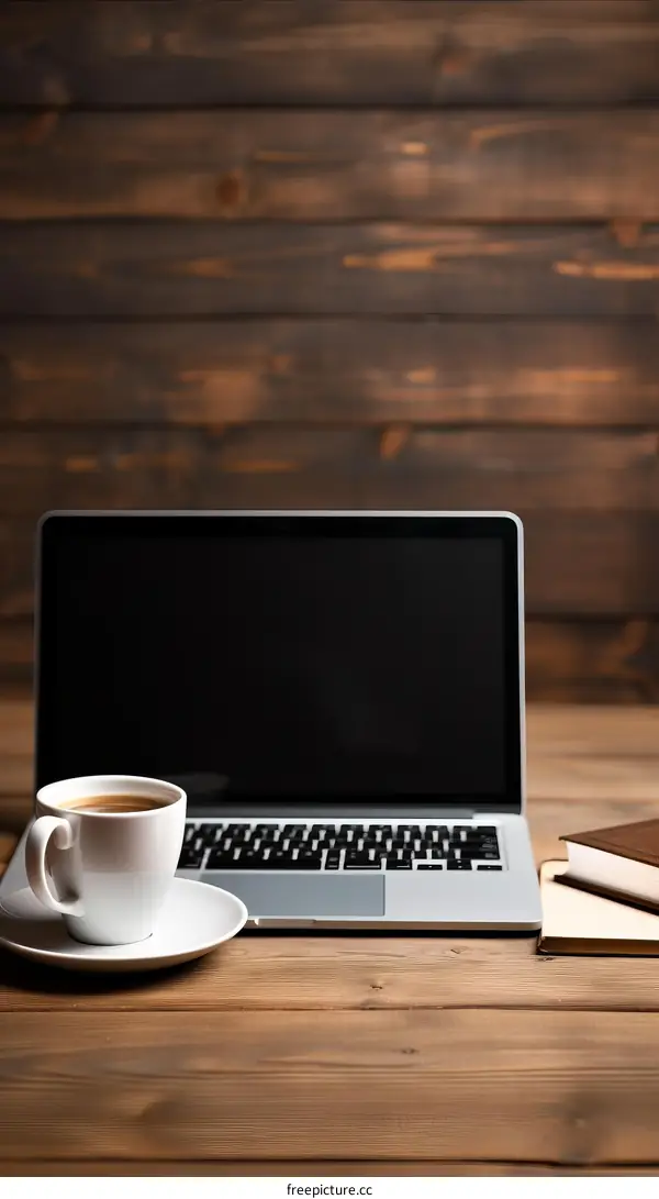 Laptop and coffee cup on wooden table