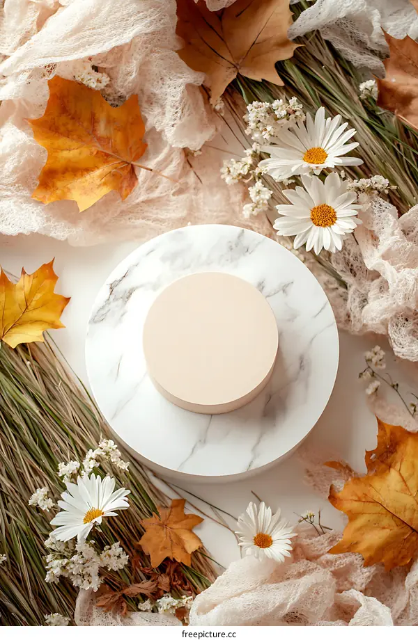 Autumnal Display Platform with Leaves and Flowers