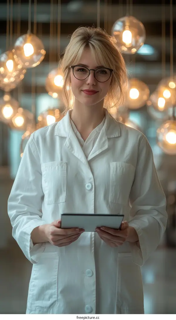 Young Caucasian Woman in Lab Coat with Tablet