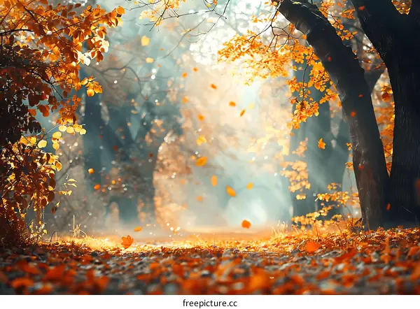 Golden Autumn Leaves Falling in the Forest