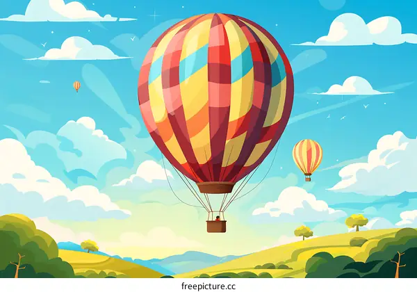 Hot Air Balloon Flying Over Green Hills