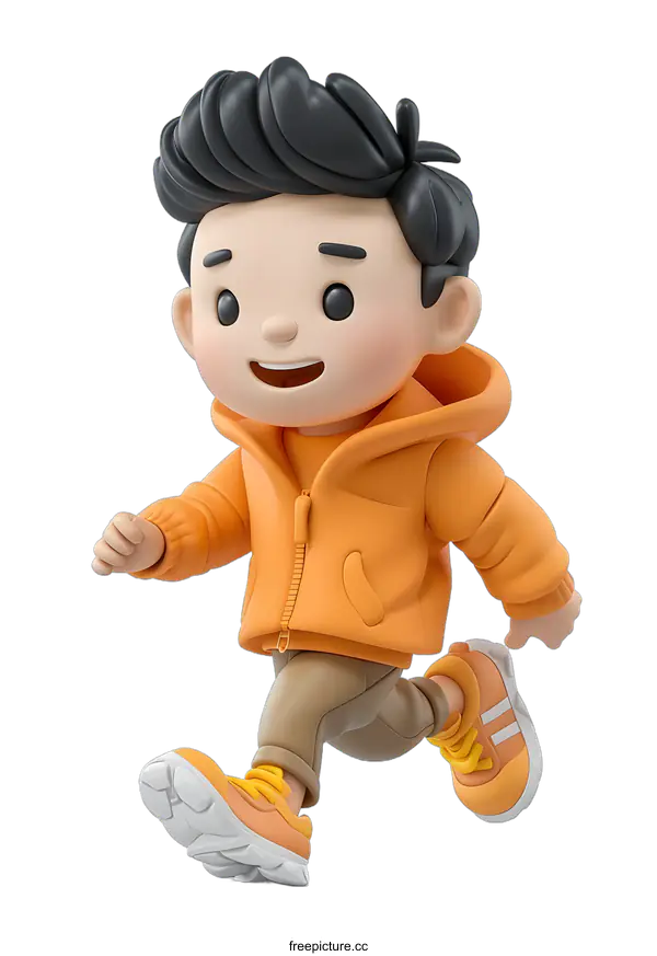 [Transparent Background PNG]A Boy Running in Orange Jacket
