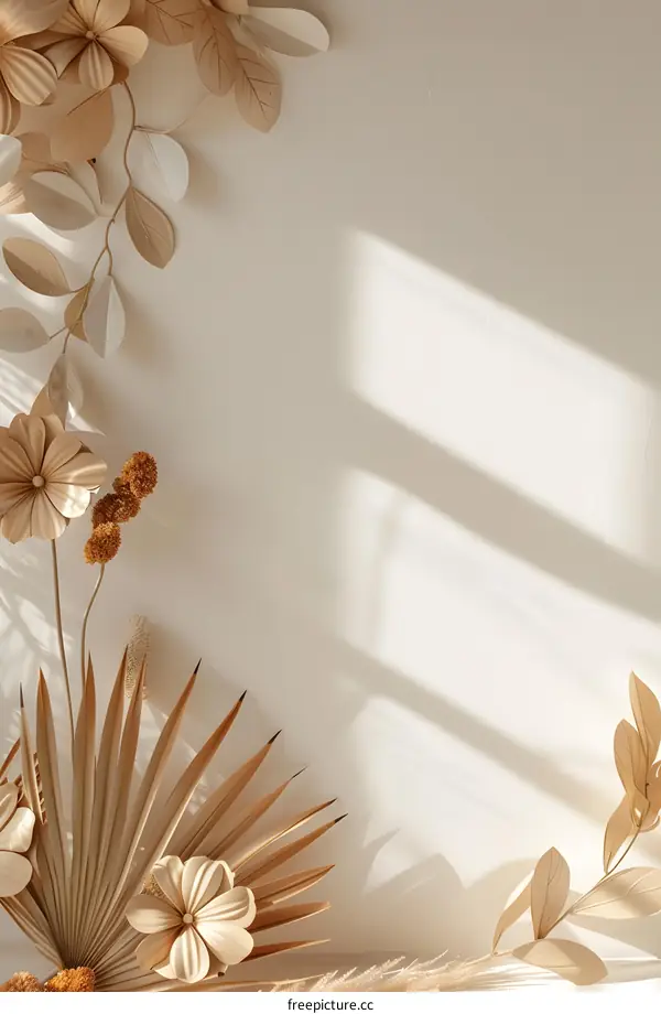 Beige Aesthetic Minimalist Floral Arrangement With Sun Light and Shadows