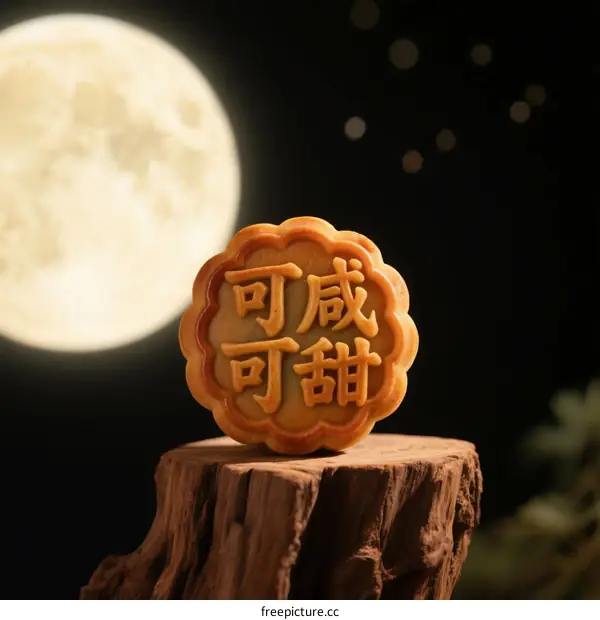 Mooncake with Chinese characters on it under a full moon