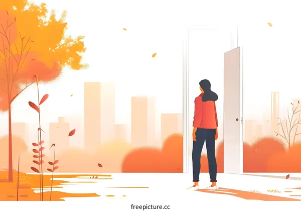 Woman Standing Before Open Door In Autumn Landscape