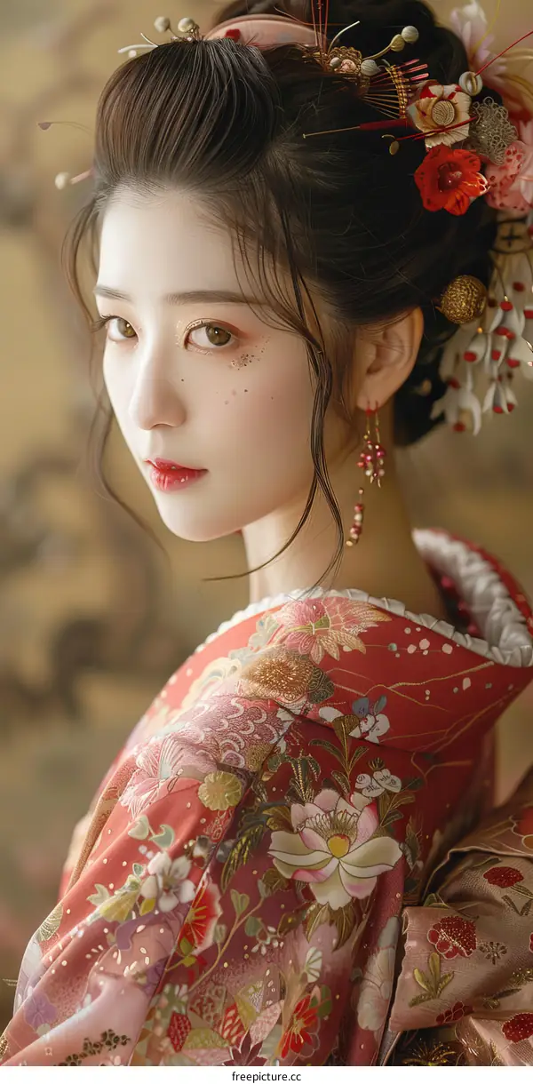 A Japanese Geisha in a red kimono