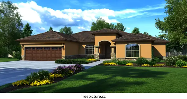 Beautiful Front View of Single Story House with Brick and Stone Exterior