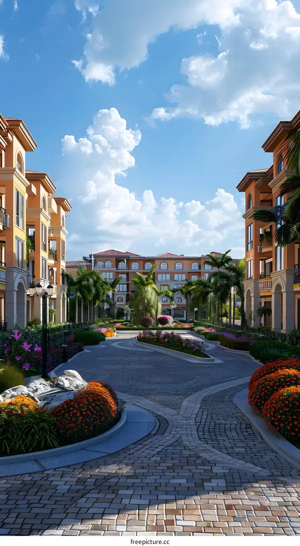 Luxury residential area with palm trees and flowers