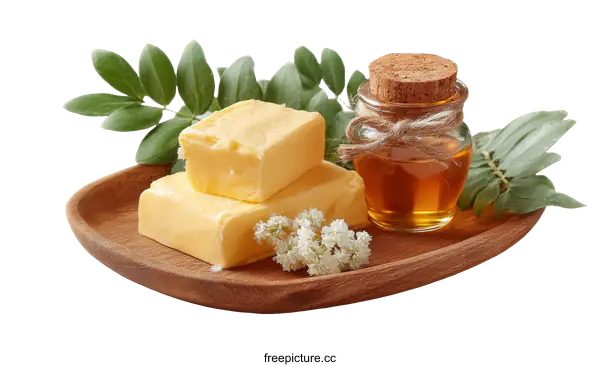 [Transparent Background PNG]Natural Butter and Honey Jar Composition on Wooden Tray