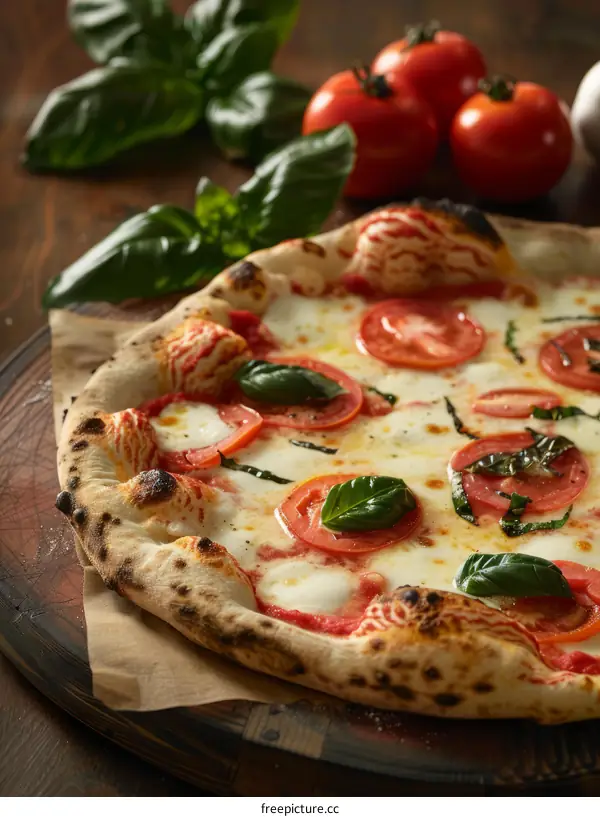Pizza with fresh tomatoes, basil, and mozzarella cheese