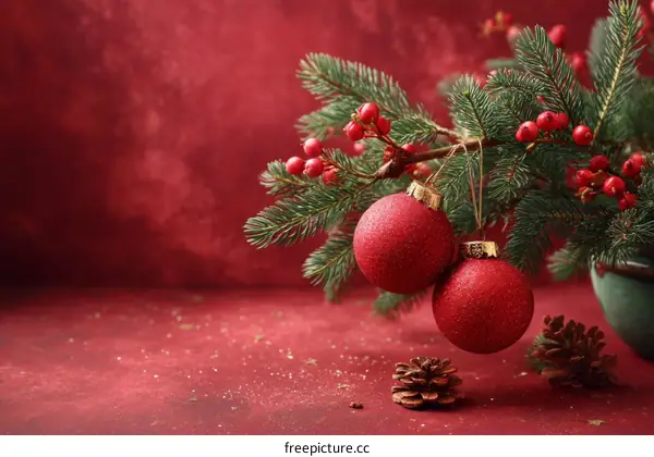 Christmas Decoration Red Ornaments on Fir Branch